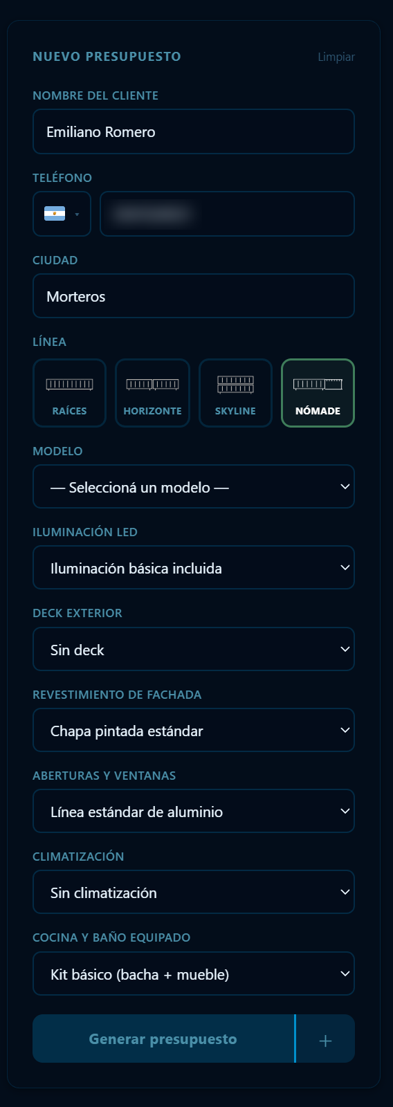 Presupuestador de Phosia con datos de Emiliano Romero, líneas y opciones configurables